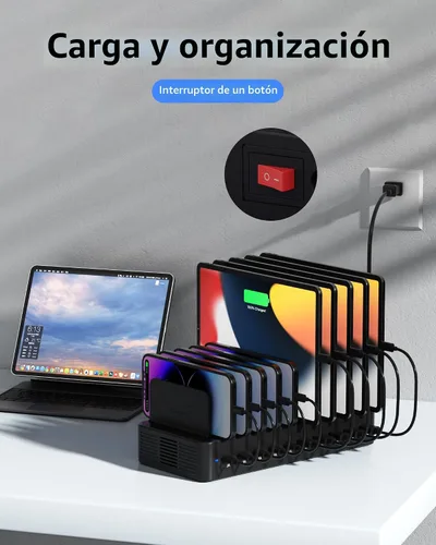 Vista 7 de Estación de carga de 100 W para múltiples dispositivos, estación de carga rápida USB de 10 puertos con divisores ajustables y 10 cables, base