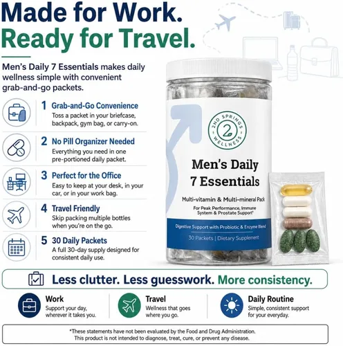 Vista 4 de Daily 7 Essentials Paquete de Vitaminas para Hombres - Paquete de 7 Multivitamínicos y Multiminerales para Hombres Adultos para Energía