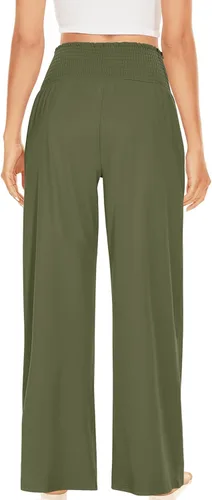 Vista 3 de UEU Pantalones de pierna ancha con volantes fruncidos y cintura alta para mujer, estilo casual, holgados, pantalones de yoga con bolsillos