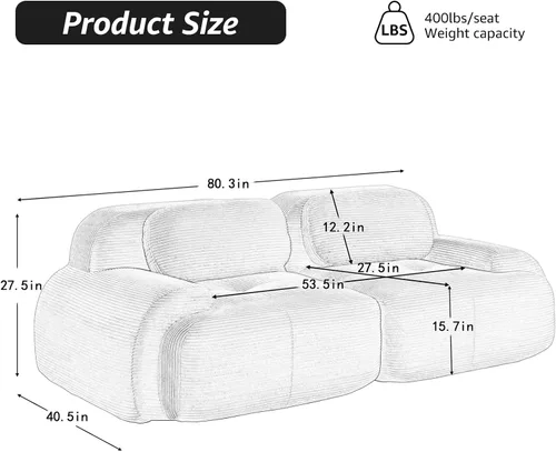 Vista 9 de Sofá biplaza moderno de 80 pulgadas para sala de estar, sofá de pana en forma de nube con asiento profundo, sofá modular negro, sofás de dos plazas