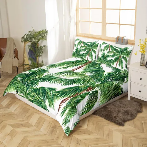 Vista 2 de Feelyou Juego de ropa de cama tropical con temática de playa hawaiana, juego de funda de edredón con estampado de palmeras y palmeras de océano