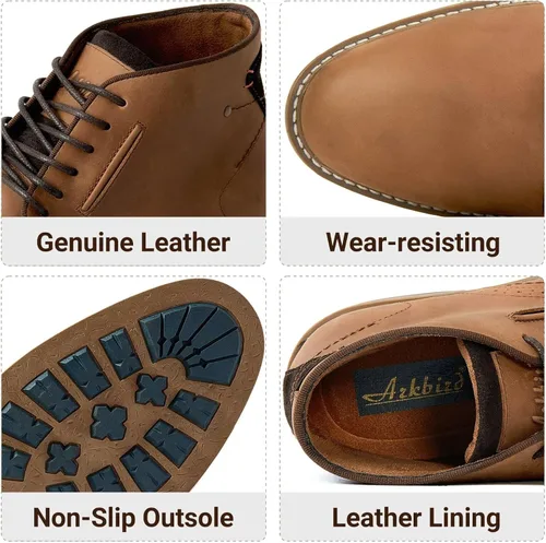 Vista 5 de Arkbird Botas Chukka para hombre, botines de cuero granulado con cordones de moda y comodidad casual Oxfords Marrón oscuro