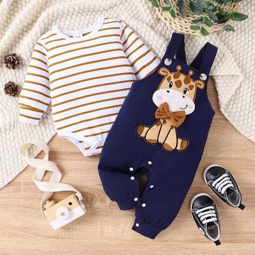 Vista 2 de Conjunto de ropa de bebé para recién nacido, para otoño e invierno, a rayas, mameluco de dibujos animados, conjunto de pantalones con tirantes