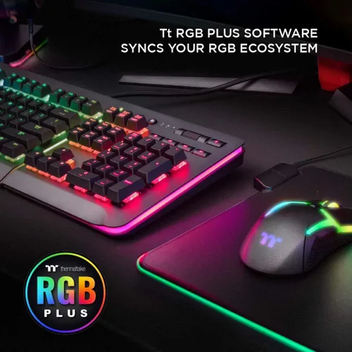 Vista 4 de Thermaltake Teclado para juegos de aluminio titanio RGB Nivel 20 Cherry MX Interruptores plateados, 16.8M Color RGB, 32 opciones de zona