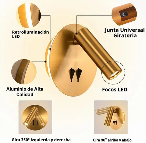 Vista 3 de ZEROUNO Lámpara de lectura de montaje en pared para dormitorio, lámpara de pared nocturna retroiluminada, aplique cableado con interruptor Dorado
