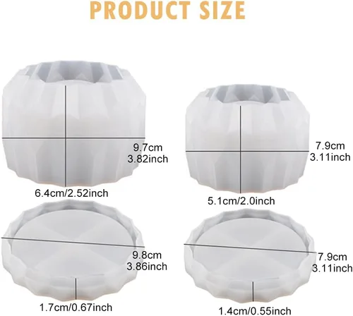 Vista 2 de Juego de 2 moldes de silicona para macetas de diamante, con soportes inferiores, color blanco, tamaño grande 3.82 x 2.52 pulgadas y pequeño 3.11 x