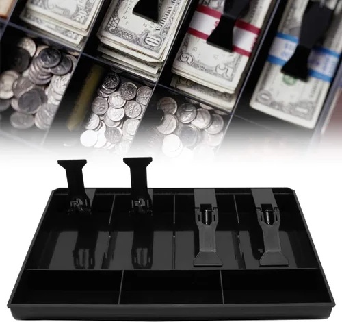 Vista 3 de Bandeja para cajón de caja registradora con 4 compartimentos para billetes/3 monedas para almacenamiento de dinero, color negro