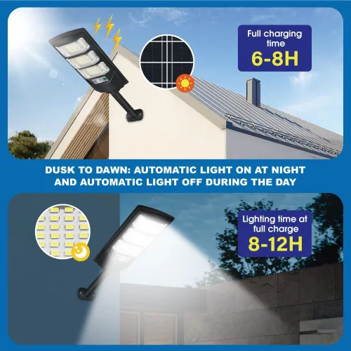 Vista 3 de Paquete de 2 luces solares para exteriores, 144 LED de 6500 K del anochecer al amanecer, luz de calle alimentada por energía solar IP65 impermeable