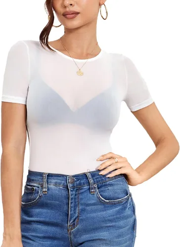 Vista 11 de Blusa de malla de manga corta, sexy, transparente, entallada Negro