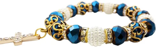 Vista 3 de Pulsera elástica ajustable con cuentas de cristal azul profundo y cruz cristalizada católica