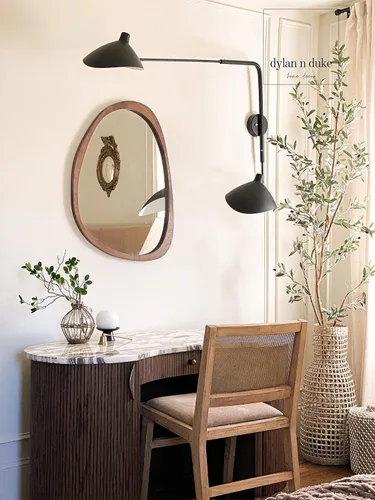 Vista 7 de Espejo bohemio con marco de madera irregular, gran acento montado en la pared, asimétrico, decoración de pared estética moderna para dormitorio