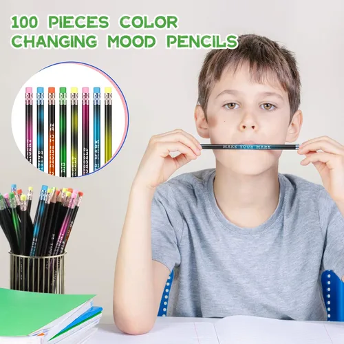 Vista 2 de Epakh 100 lápices inspiradores que cambian de color a granel con borrador, bolígrafos de madera HB, regalo para niños, regalo de regreso a clases