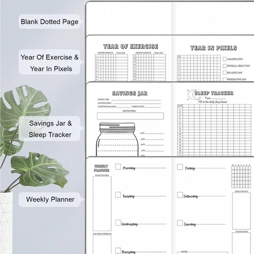 Vista 4 de Cuaderno de Diario Punteado Prefabricado con Plantillas de Viñetas, Diario de Puntillado en Rejilla de Puntos Prefabricado con Planificador Semanal