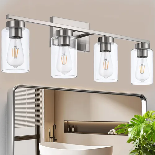 Vista 13 de Lámpara de tocador de baño de 3 luces, modernas luces de pared negras con pantallas de vidrio transparente, lámpara de pared de baño para espejo 3