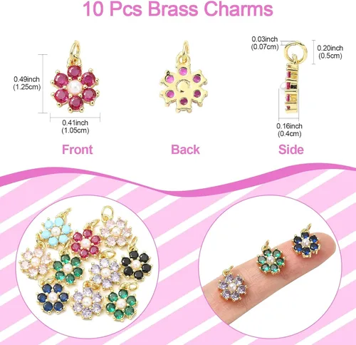 Vista 2 de Stiesy 10 dijes chapados en oro de 18 quilates al azar con forma de flor de latón, micro pavimenta colorida circonita cúbica CZ piedra colgante