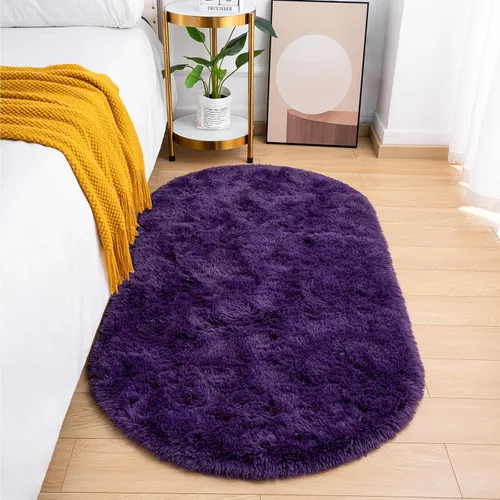Vista 19 de Goideal - Alfombra esponjosa de dormitorio, alfombra pequeña ovalada, alfombra negra peluda para mesita de noche, ideal para habitación infantil