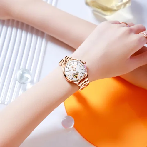 Vista 7 de OLEVS Reloj mecánico automático para mujer, correa de cuero, cuerda automática, reloj de pulsera para mujer, esfera de corazón de diamante