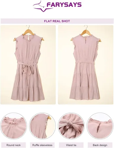 Vista 5 de FARYSAYS - Vestido corto sin mangas con volados cuello redondo y lazo en la cintura para mujer vestido casual corto con falda estilo campana