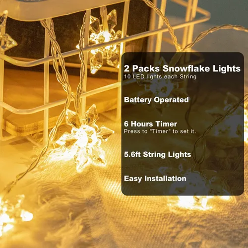 Vista 4 de Vigdur Paquete de 2 luces de copo de nieve de Navidad - 20 luces LED de copo de nieve en cadena que funcionan con pilas con temporizador, luces