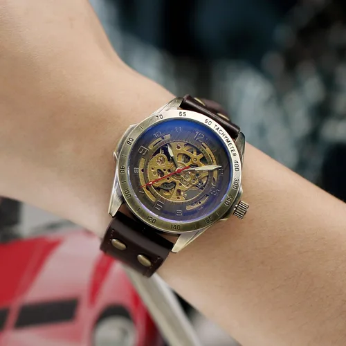 Vista 6 de reloj estilo vintage, carcasa de bronce, cuero marrón, mecánico automático, hombres, PMW368