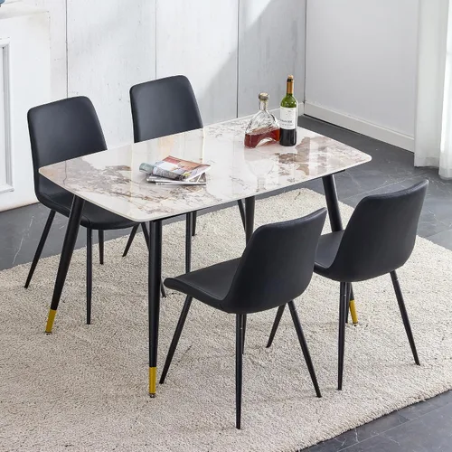 Vista 21 de Juego de 5 mesas de comedor modernas de piedra sinterizada de 50 pulgadas, mesa de cocina rectangular de mármol sintético con 4 sillas de piel