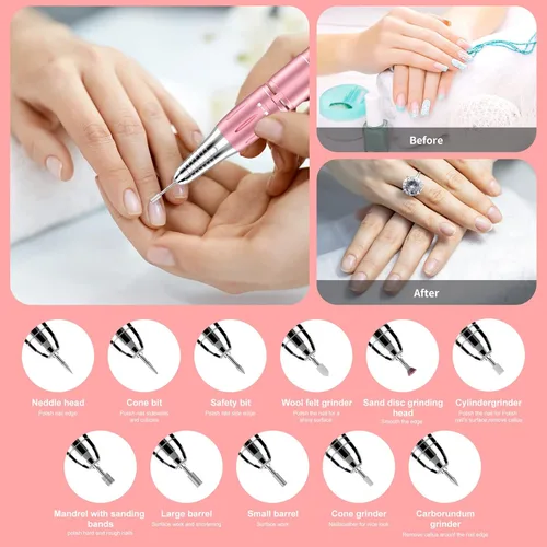 Vista 2 de Taladro de uñas eléctrico recargable de 35000 rpm, kit profesional portátil para acrílico, uñas de gel, manicura y pedicura, herramientas