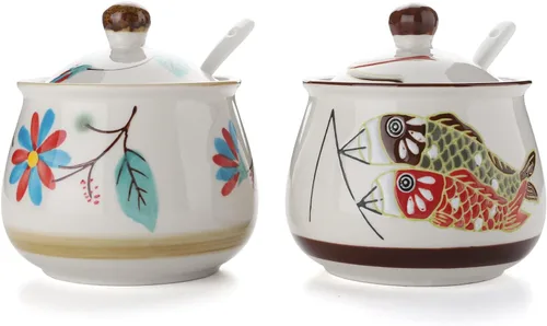 Vista 2 de Azucareros de porcelana Juego de 2 azucareros de cerámica con tapa y cuchara, tarro de almacenamiento de azúcar, recipiente dispensador de azúcar