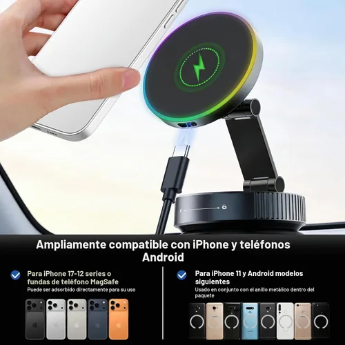 Vista 8 de Cargador de Montaje para Automóvil MagSafe para iPhone-Carga Inalámbrica Rápida de 15W, Rotación de 360° Ajustable, Soporte de Teléfono