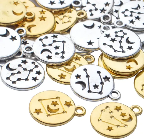 Vista 4 de Dijes redondos del signo del zodiaco, con doce constelaciones, dijes de aleación del zodiaco, dijes de doble cara para joyería, aretes, pulseras