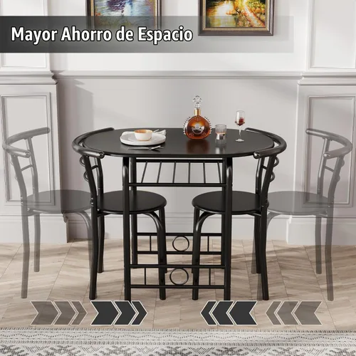 Vista 5 de JUMMICO Juego de mesa redonda y silla de madera de 3 piezas, ahorro de espacio, rincón de desayuno, mesa de grano de madera con marco de metal