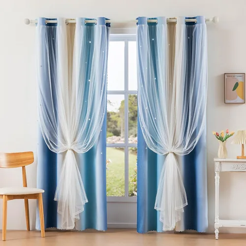 Vista 16 de Anytime - Cortinas para dormitorio de niñas con estrella hueca, cortinas opacas para habitación de niños, cortinas largas para oscurecer