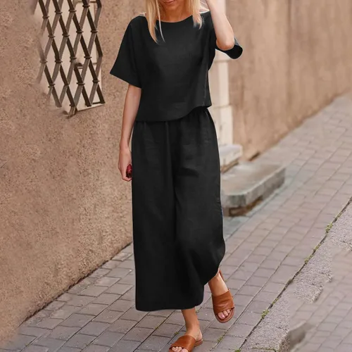 Vista 2 de Traje de lino de algodón liso para mujer, cuello redondo, manga corta, mameluco de piernas anchas, conjunto de pantalones