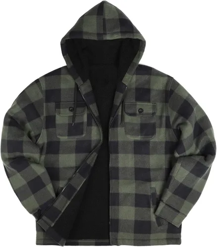 Vista 9 de Chaqueta de franela a cuadros para hombre, de felpa con capucha, de sherpa con zíper, pesada y gruesa, cálida para invierno.