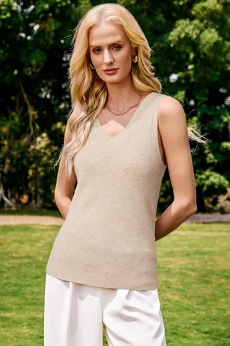 Vista 6 de Arach&Cloz Camiseta sin mangas de mezcla de lana para mujer, cuello en V Albaricoque