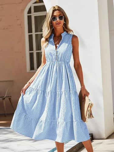 Vista 3 de Floerns Vestido midi de mujer con estampado de rayas y cuello con muescas sin mangas con volantes