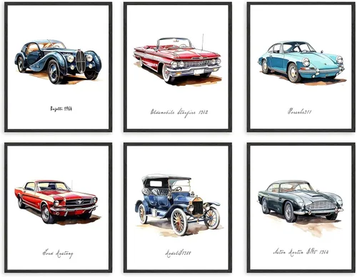 Vista 8 de 6 impresiones artísticas clásicas de acuarela para pared, carteles de súper auto para habitación de niños, decoración de habitación de autos