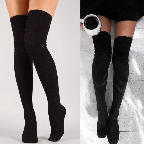 Vista 3 de Calcetines altos hasta el muslo para mujer, extra largos, de punto trenzado, cálidos, gruesos, altos, largos, calentadores de piernas