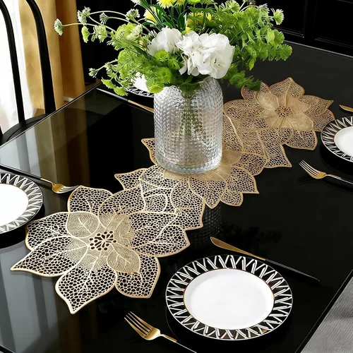 Vista 14 de FAVE Camino de mesa dorado de 36 pulgadas con forma de flor, camino de mesa corto lavable para bodas, banquetes, cumpleaños, fiestas, restaurantes