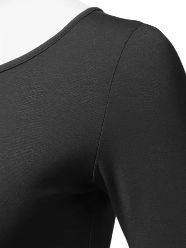 Vista 4 de SSOULM Camiseta básica elástica de manga 12 con cuello redondo y corte ajustado para mujer, talla grande