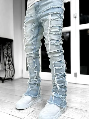 Vista 3 de Kodaruber Jeans apilados para hombre, ajustados, rasgados, elásticos, desgastados, rectos, pantalones de mezclilla hip hop, ropa de calle