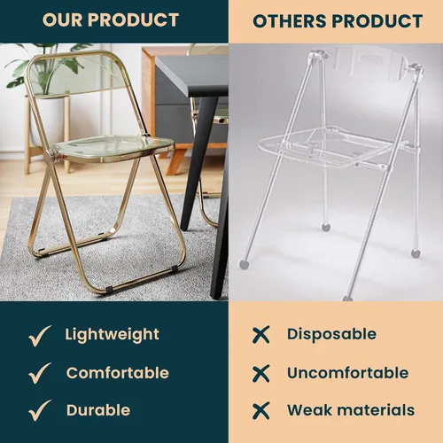 Vista 6 de LeisureMod Juego de 2 sillas plegables modernas de acrílico transparente Silla de escritorio con marco de metal dorado Cómoda silla decorativa