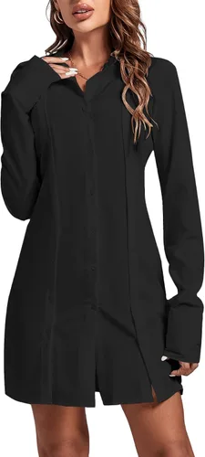 Vista 6 de LYANER Minivestido camisero de manga larga con botones y cuello de solapa para mujer