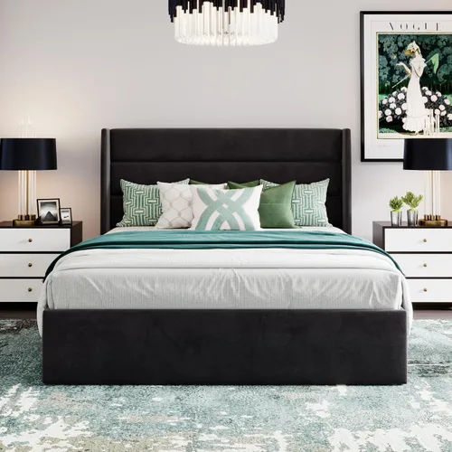 Vista 7 de SHA CERLIN Cama de Almacenamiento Elevable Tamaño Completo/Tapizada en Terciopelo/Cabecera Moderna Wingback/Marco de Cama Plataforma Negro