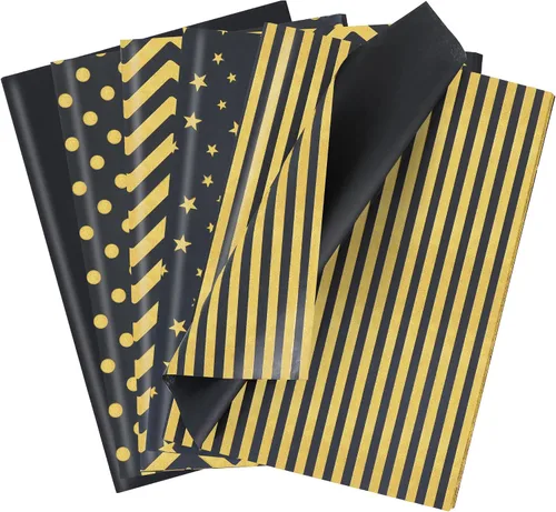 Vista 18 de BEISHIDA 100 hojas de papel de seda blanco y negro a granel, rayas de sarga y puntos, estrellas para bolsas de regalo, papel de regalo de 14 x 20