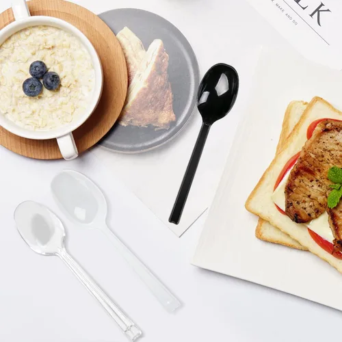 Vista 5 de Cucharas de plástico envueltas individualmente, 100 cucharas desechables resistentes a granel, ideales para fiestas, restaurantes, viajes y comida