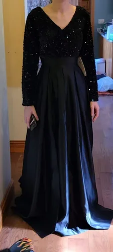 Vista 5 de YMSHA Vestido de fiesta de graduación con lentejuelas brillantes para mujer, con bolsillos, manga larga, satén, vestido de noche formal con abertura