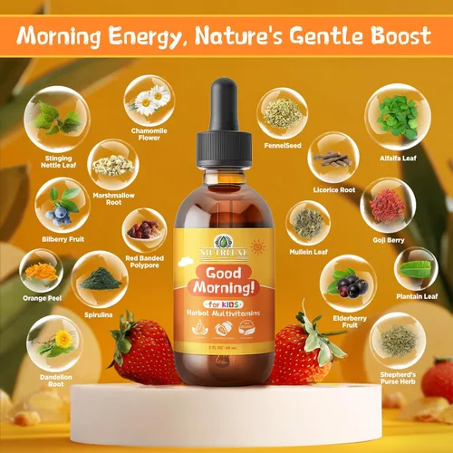 Vista 4 de Natural Kids Herbal Morning Drops – Verdes líquidos diarios + mezcla de superalimentos antioxidantes con saúco, espirulina, goji y arándano, suave