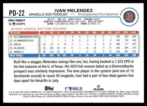 Vista 2 de 2024 Topps Pro Debut Baseball #PD-22 Ivan Melendez Amarillo Sod Poodles Official MILB (foto de stock mostrada, tarjeta en estado casi menta a menta)