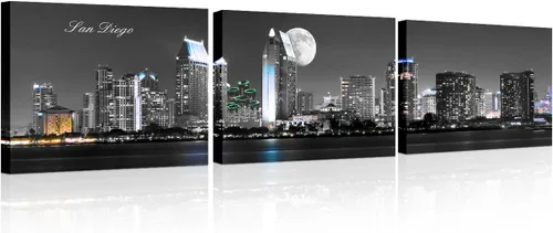 Vista 10 de 3 paneles de Atlanta Skyline vista de la ciudad en blanco y negro, imágenes panorámicas de edificio de ciudad, decoración de pared para sala