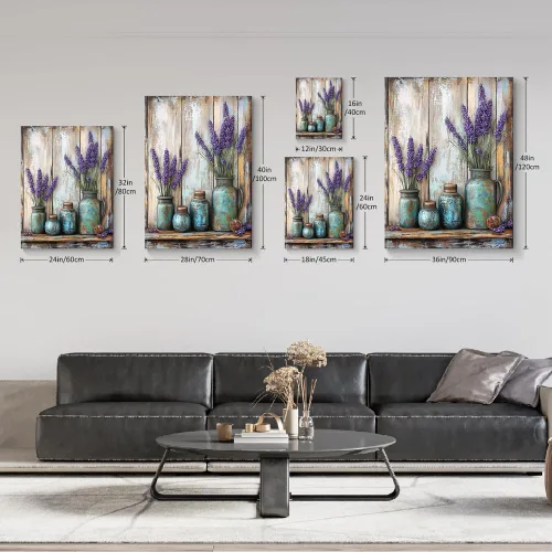 Vista 2 de gaosoul Arte de Pared de Lienzo de Granja Pintura de Campo Francés con Ramo de Lavanda Mariposas Fondo de Madera Envejecida Póster Floral Enmarcado